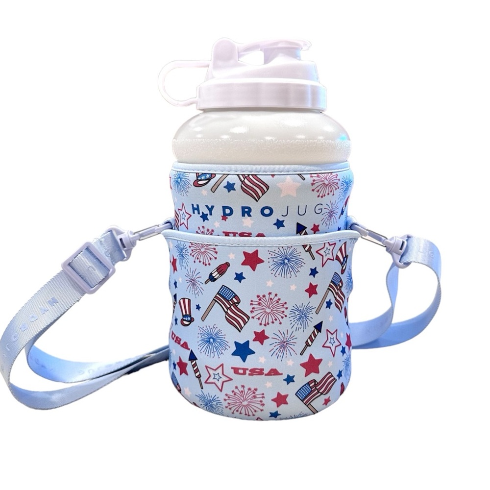 🇺🇸 HYDROJUG Red White & Boom Half Gallon Water Bottle With Sleeve and Carrying